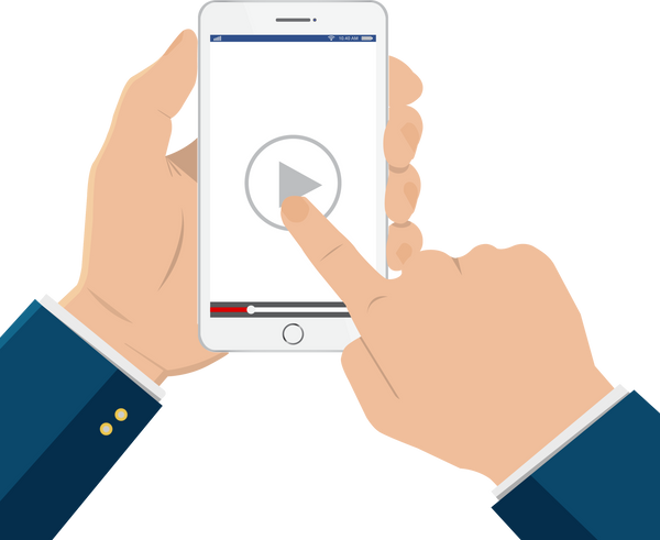 Hand pointing to play button on a smartphone to watch video tutorial.